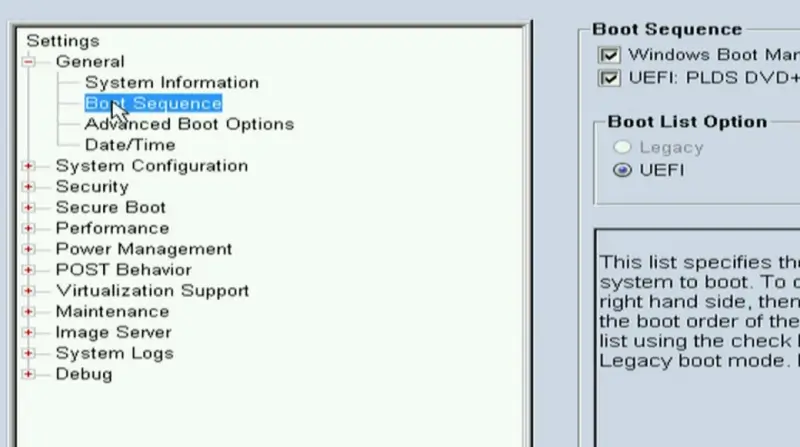 Screenshot showing the location of the Boot Sequence in the Dell BIOS menu.