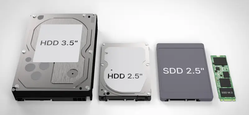 An image showing the size of different types of hard drives and solid-state drives.