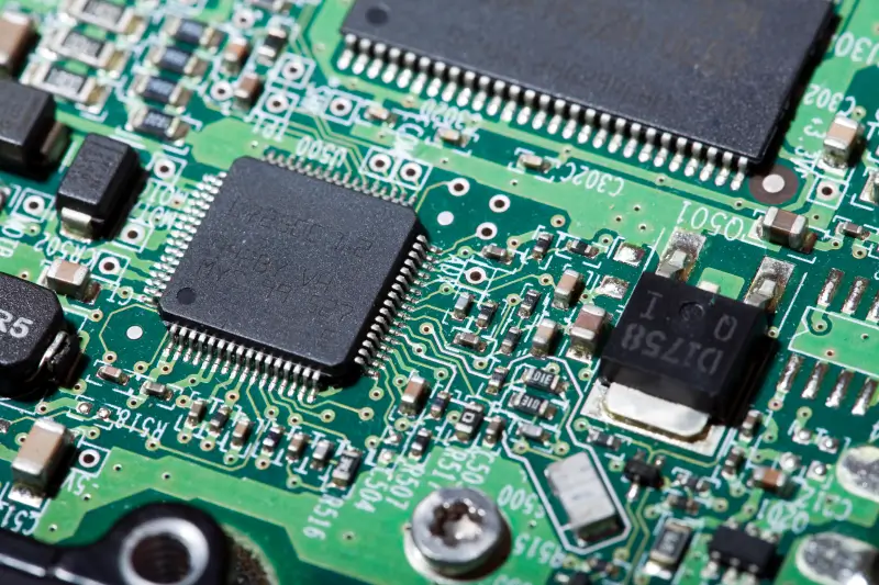 A close-up of electronic components on a hard disk drive’s Printed Circuit Board.