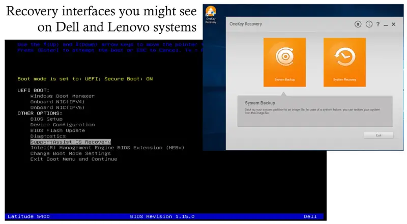 Image showing the interface of SupportAssist OS Recovery and OneKey Recovery.