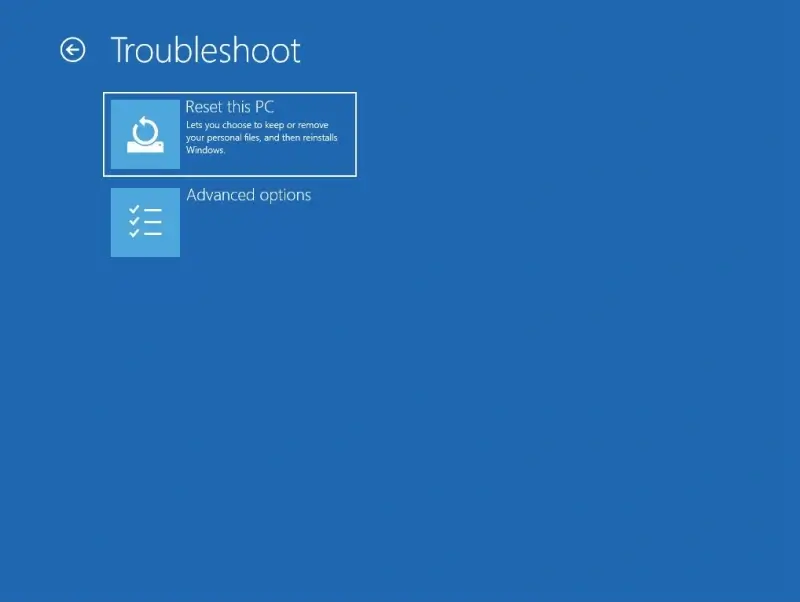 A screenshot showing the location of Reset This PC in the Troubleshoot menu of WinRE on Windows 10 and 11