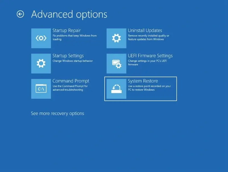 A screenshot showing the location of System Restore in the Troubleshoot menu of WinRE on Windows 10 and 11