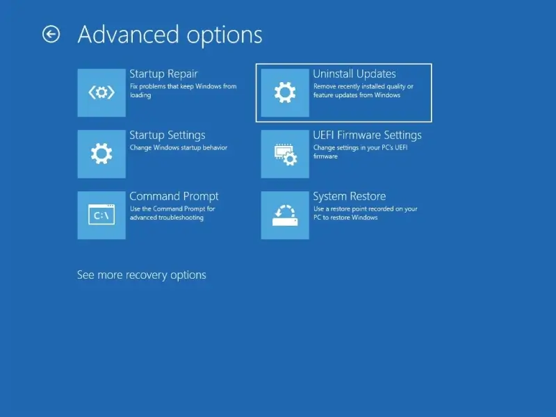 A screenshot showing the location of Uninstall Updates in the Troubleshoot menu of WinRE on Windows 10 and 11