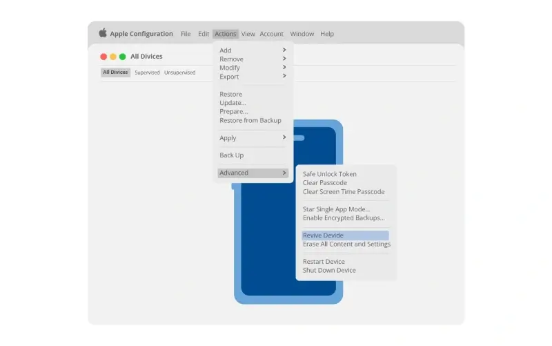 An infographic that shows how to use the Apple Configurator app to revive an iPhone in recovery mode.