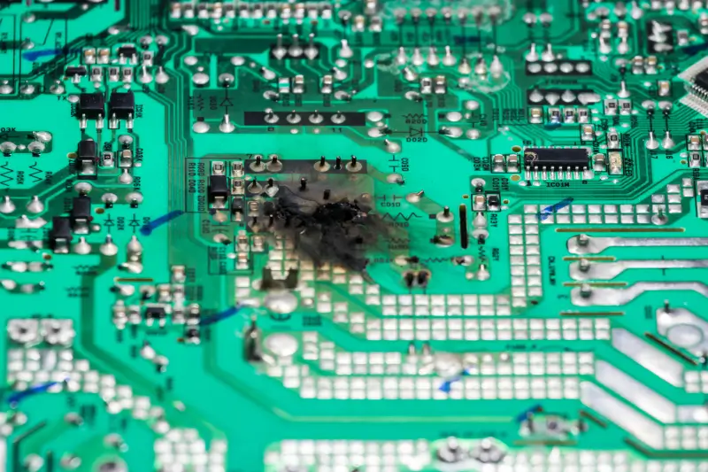 A printed circuit board with signs of electrical damage.