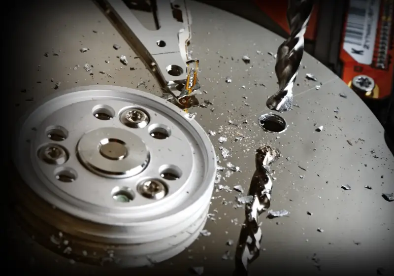 An image of a drill puncturing the platters of a hard drive.