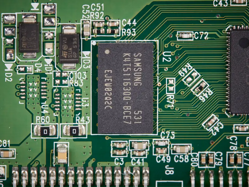 A close-up image of a hard drive’s cache.