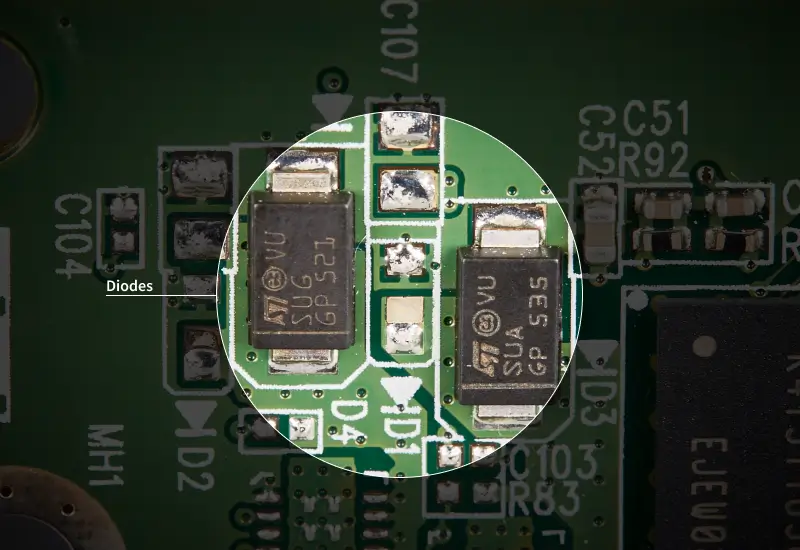 A close-up image of diodes on a hard drive’s PCB.