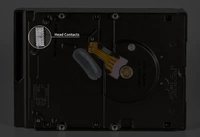 A close-up image showing the head contacts leading to the read/write heads.