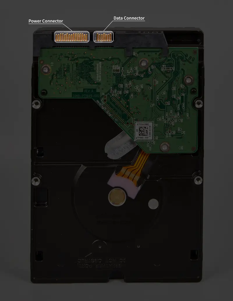 An image highlighting the power and data connectors of a hard drive.
