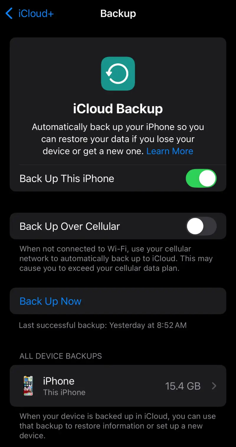 A screenshot showing iCloud backup options on iPhone.