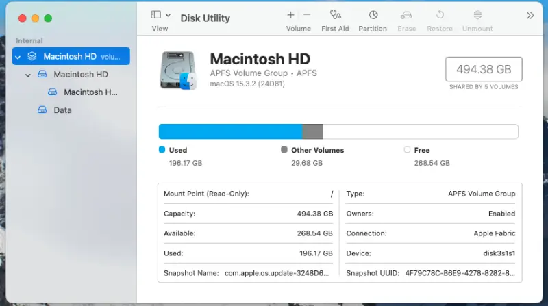 A screenshot of the main window for Disk Utility on macOS.