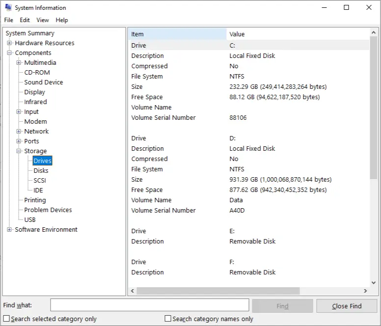 Components > Storage > Drives (standard info) or Disks (detailed info)