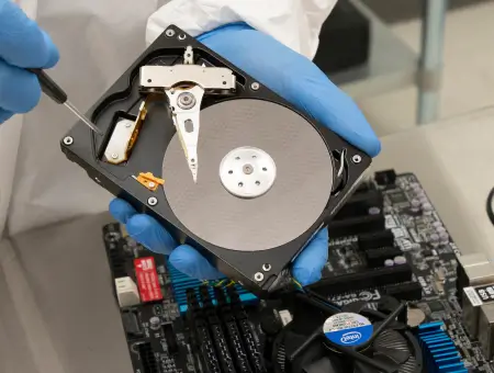 An image showing the inside of a hard disk drive.